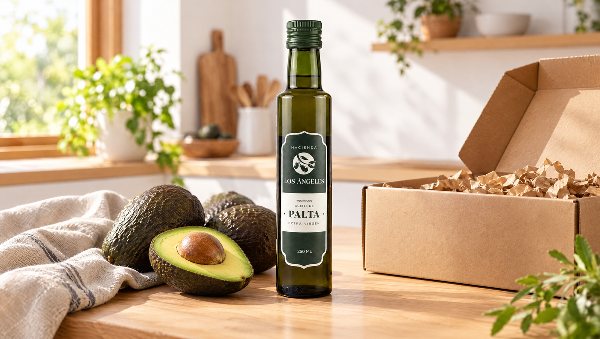 Botella de aceite de palta extra virgen Hacienda Los Ángeles junto a una caja de envío y paltas en una cocina