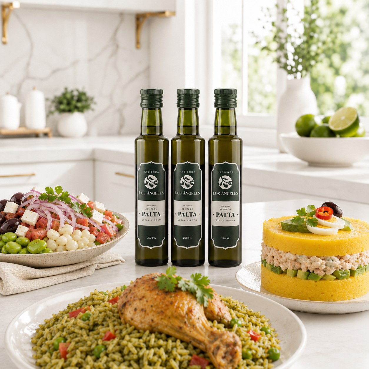 Aceite de palta Hacienda Los Ángeles junto a causa y arroz con pollo
