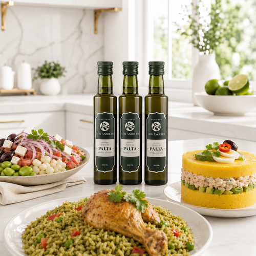 Aceite de palta Hacienda Los Ángeles junto a causa y arroz con pollo