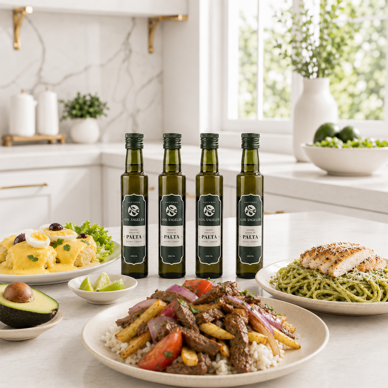 Aceite de palta extra virgen servido con lomo saltado y platos peruanos