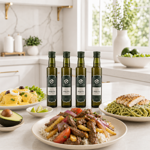 Aceite de palta extra virgen servido con lomo saltado y platos peruanos