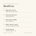 Beneficios del aceite de palta extra virgen Hacienda Los Ángeles: ideal para cocinar, alto punto de humo hasta 250 °C, nutre piel y cabello, sabor natural y neutro, contiene omega 3, 6 y 9