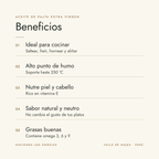 Beneficios del aceite de palta extra virgen Hacienda Los Ángeles: ideal para cocinar, alto punto de humo hasta 250 °C, nutre piel y cabello, sabor natural y neutro, contiene omega 3, 6 y 9